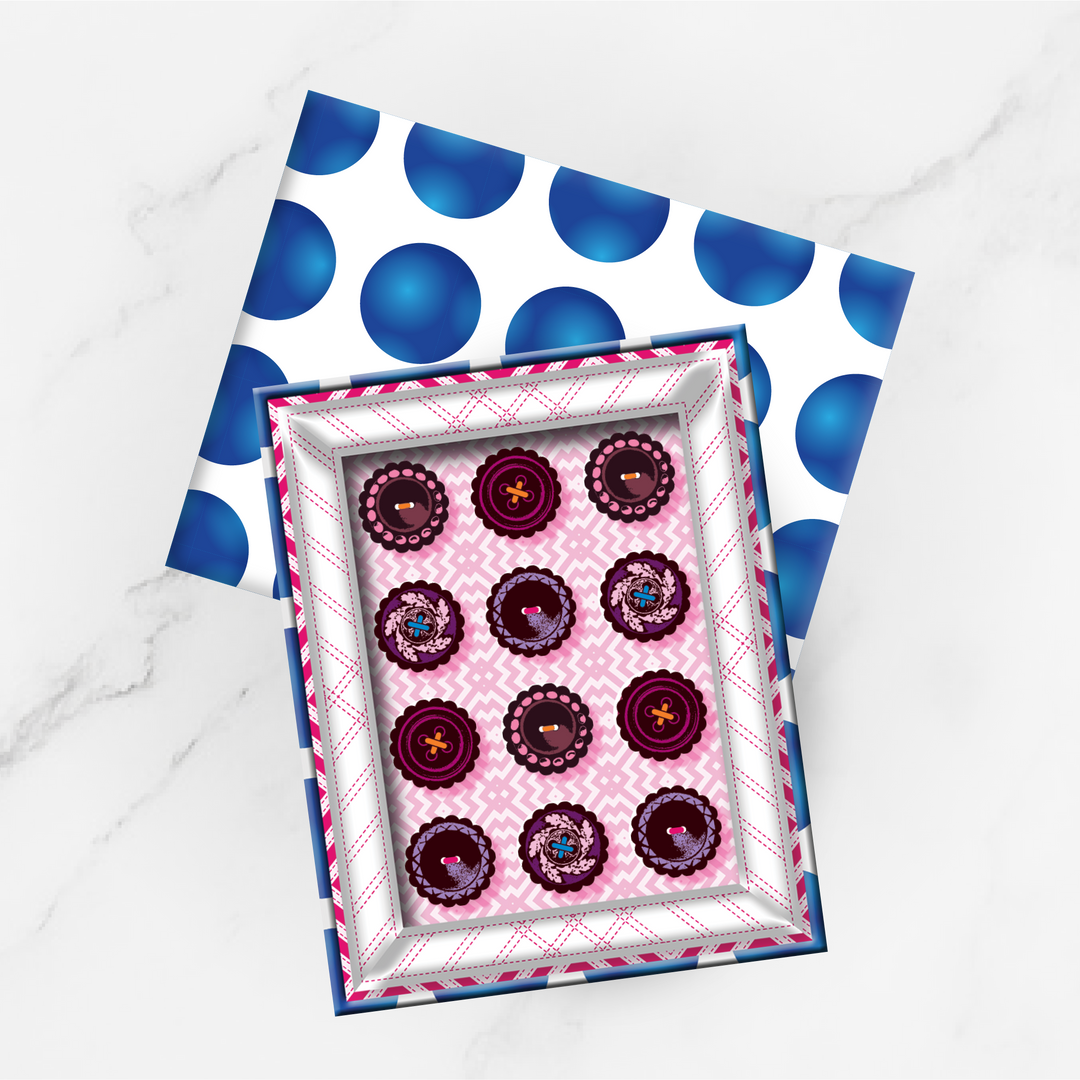 branded blue dot box, colourful inside with our fashionable darks truffles collection on the marble background