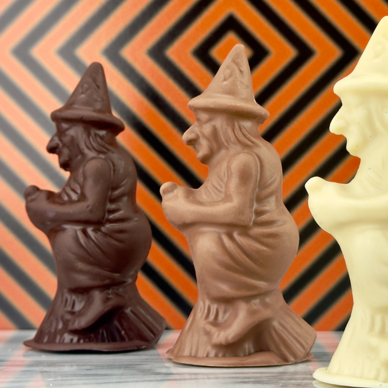 The Witchpooh — solid dark, milk, or ivory Ecuadorian chocolate witches. Handcrafted Halloween luxury, in-store or pick-up only.