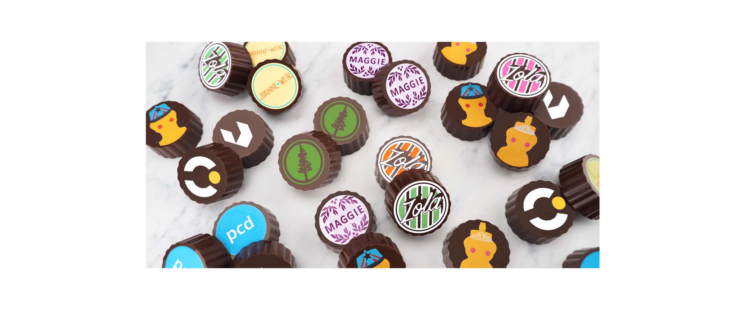 Our custom chocolates: Zola Bar; Joanne Weir; Maggie; pcd; City of Palo Alto among the few