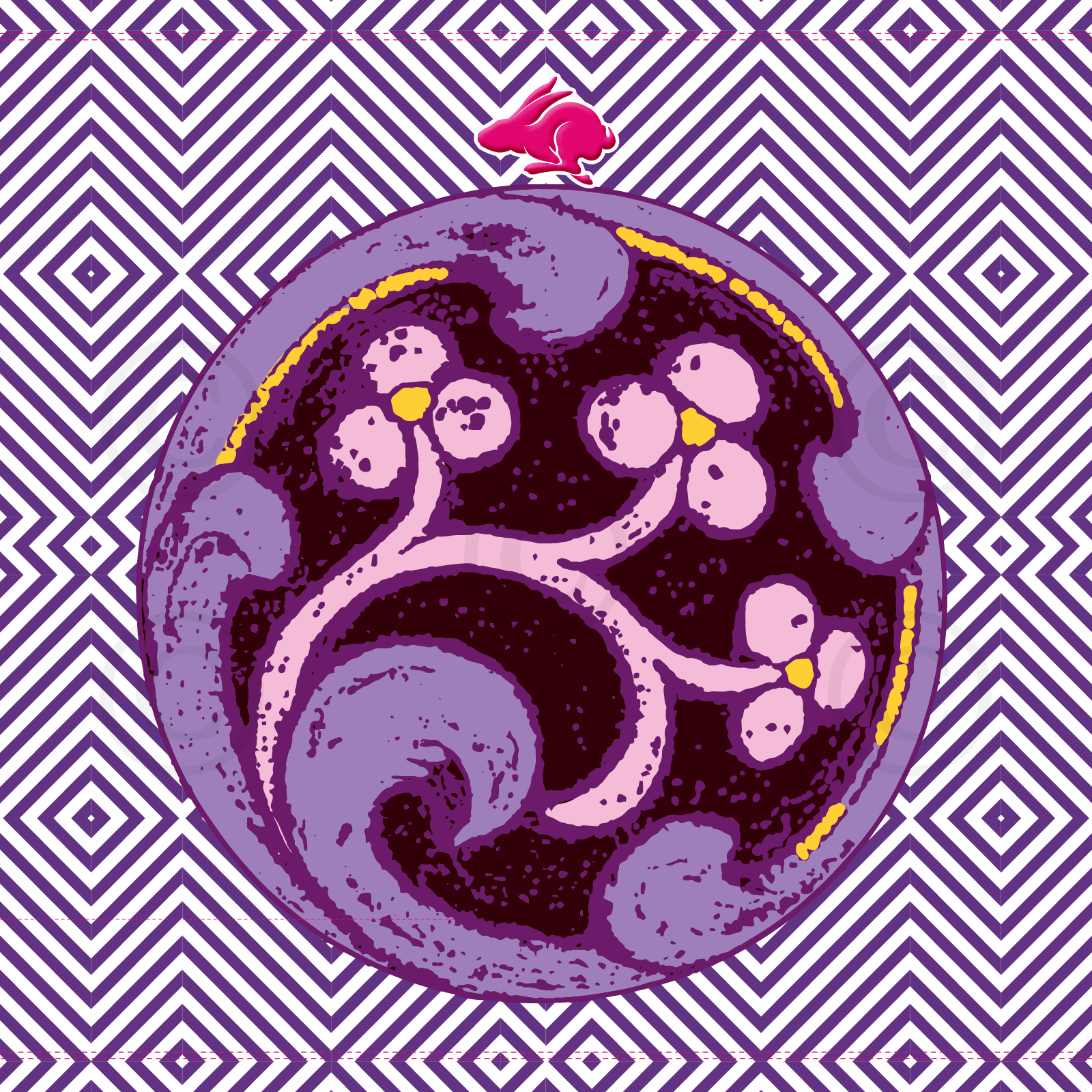 Passion Fruit Button on purple stripe background with bunny